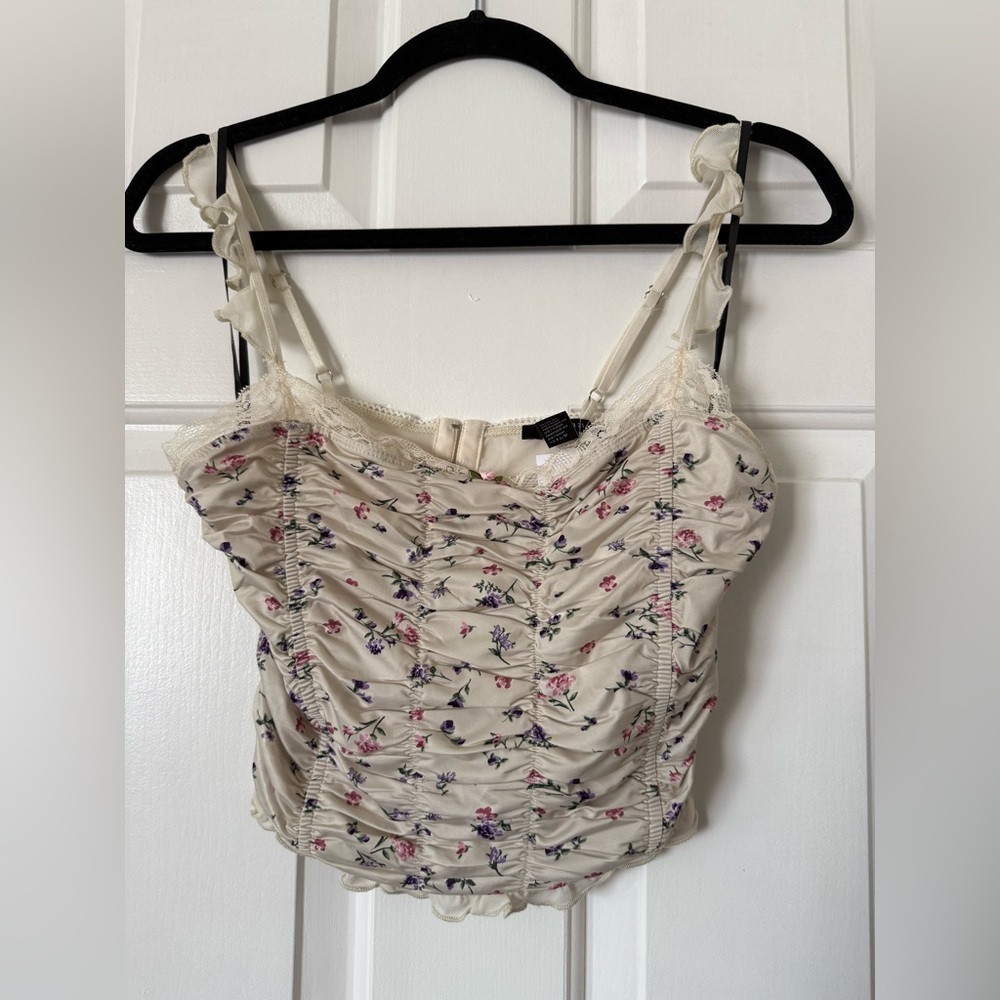 Forever 21 Floral Cream Ruched Cropped Cami